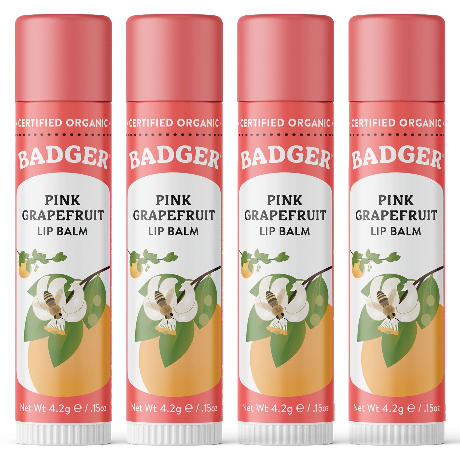 Badger Pink Grapefruit Lip Balm – 100% Organic, Long-Lasting Moisture, 4 Pack