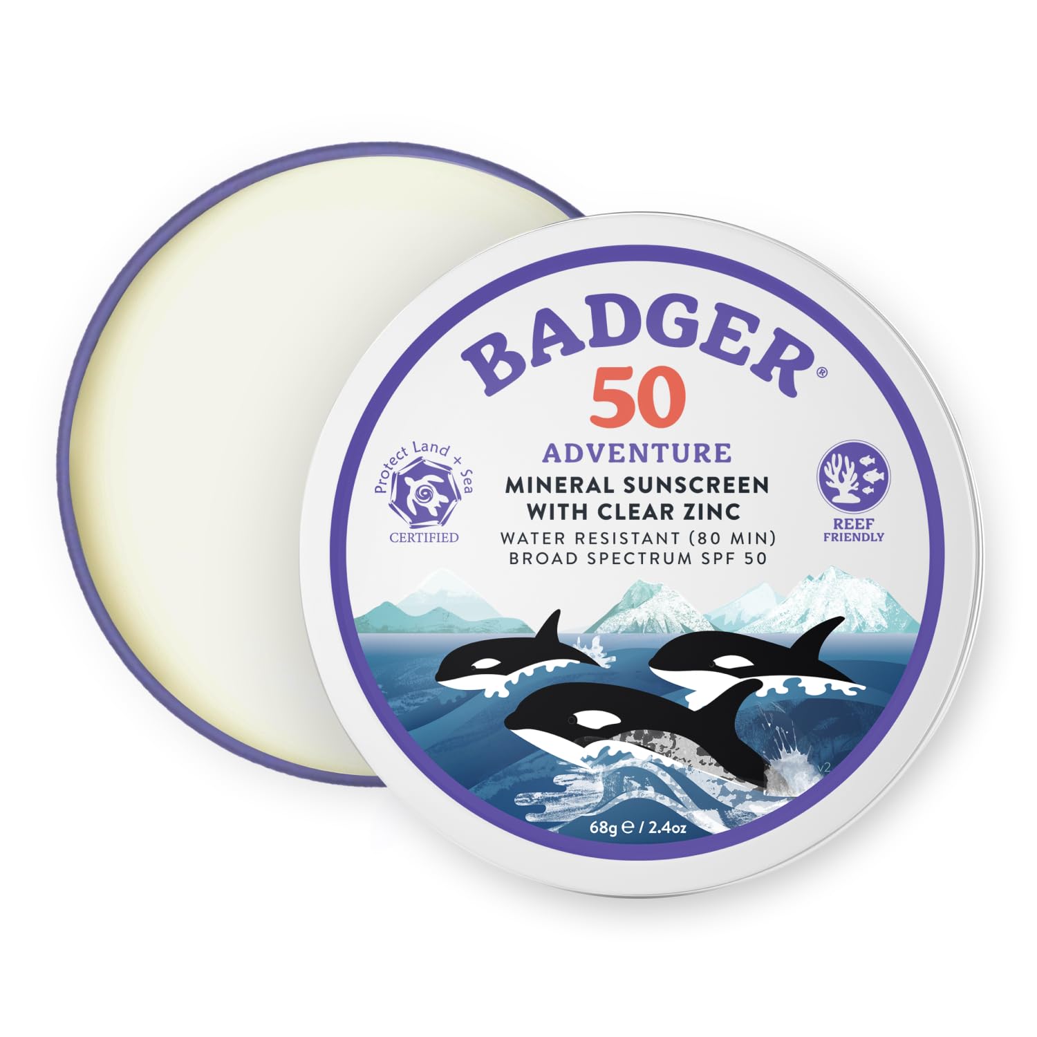 Badger Reef Safe Sunscreen SPF 50 - Mineral, Unscented, 2.4 oz Travel Tin