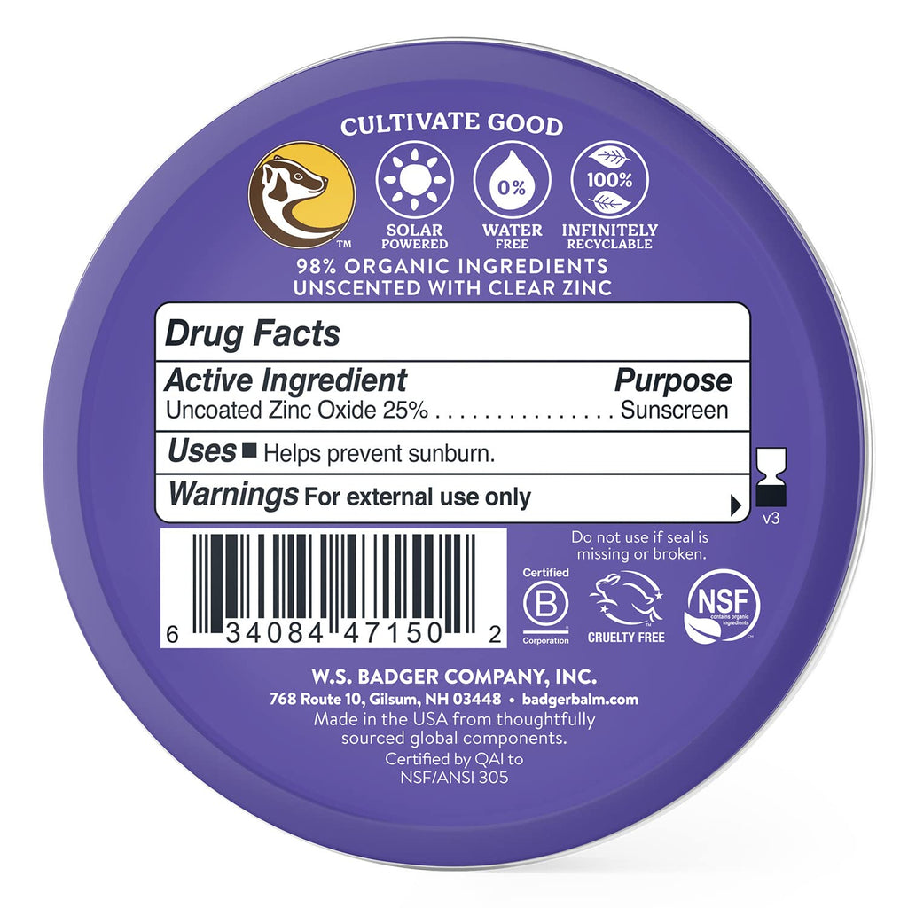 Badger Reef Safe Sunscreen SPF 50 - Mineral, Unscented, 2.4 oz Travel Tin