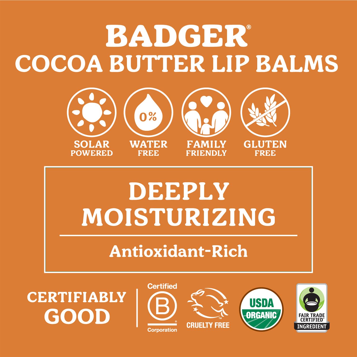 Badger Sweet Orange Cocoa Butter Lip Balm – 100% Organic, Long-Lasting Hydration (4-Pack)