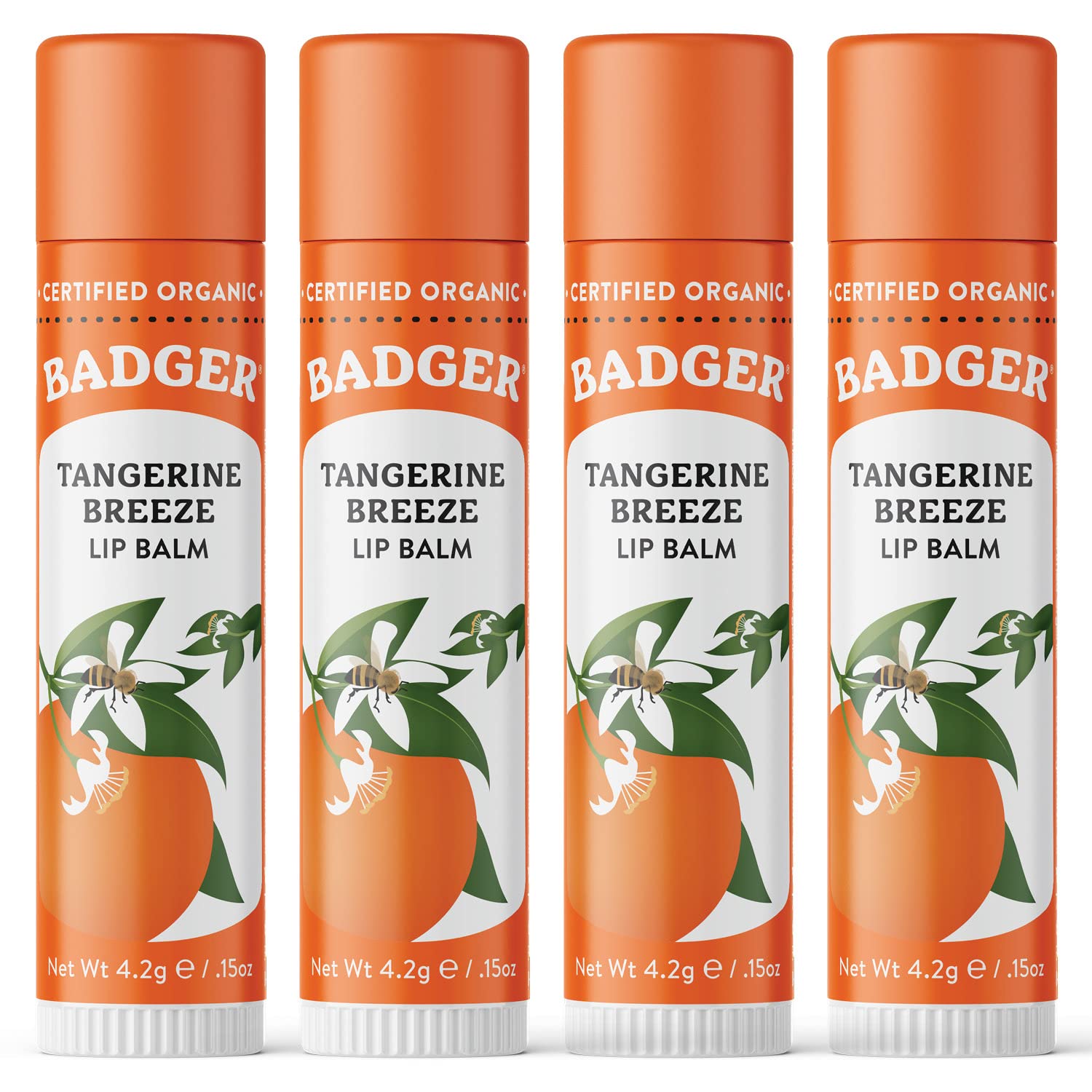 Badger Tangerine Breeze Lip Balm – 100% Organic, Long-Lasting Silk (4-Pack)