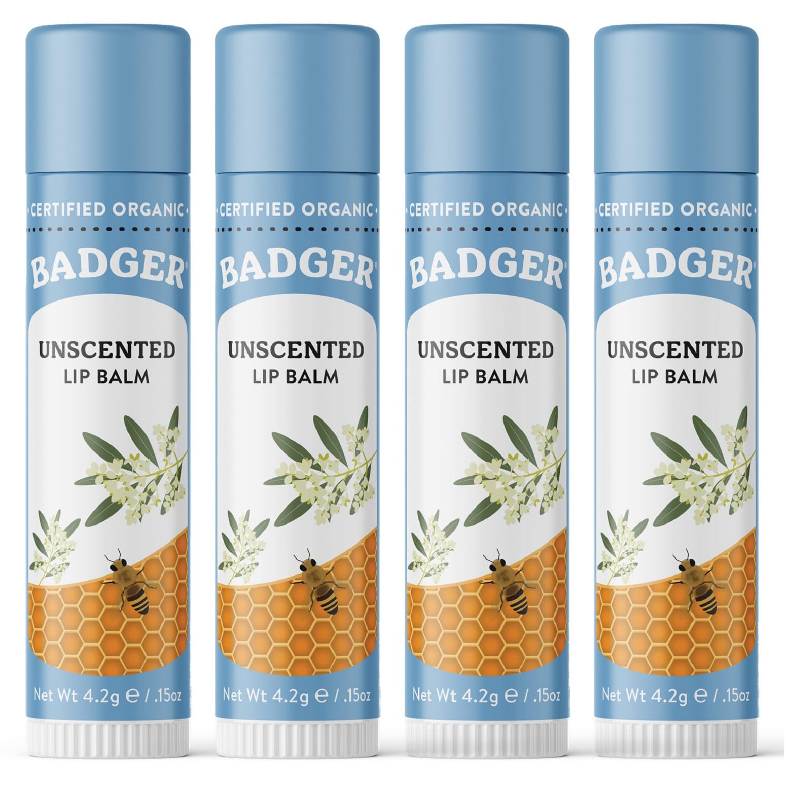 Badger Unscented Classic Lip Balm – 100% Organic, Sensitive Lips, Long Lasting Moisturizer (4 Pack)