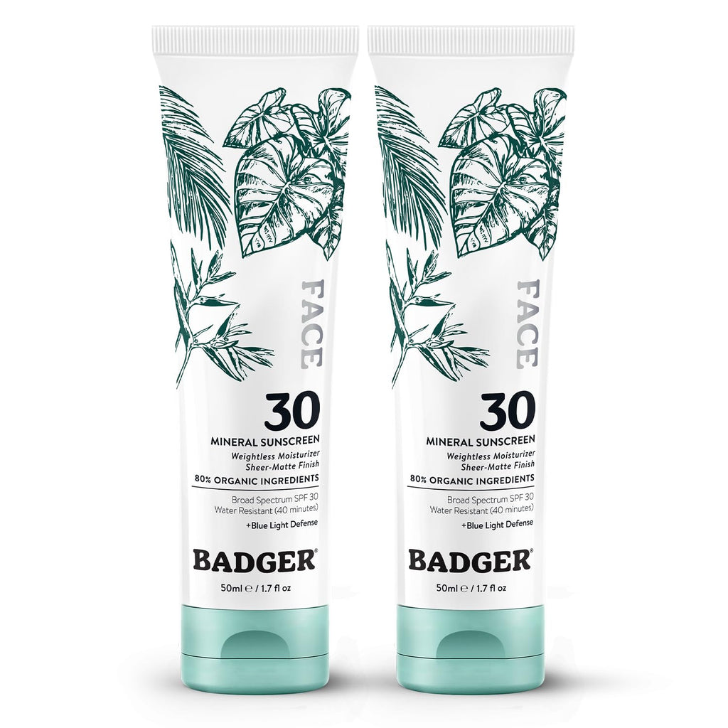 Badger Zinc Oxide Face Sunscreen SPF 30 – Lightweight, Unscented, Matte Finish (2-Pack)
