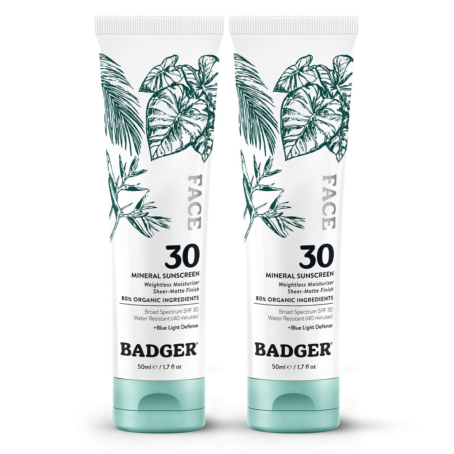 Badger Zinc Oxide Face Sunscreen SPF 30 – Lightweight, Unscented, Matte Finish (2-Pack)