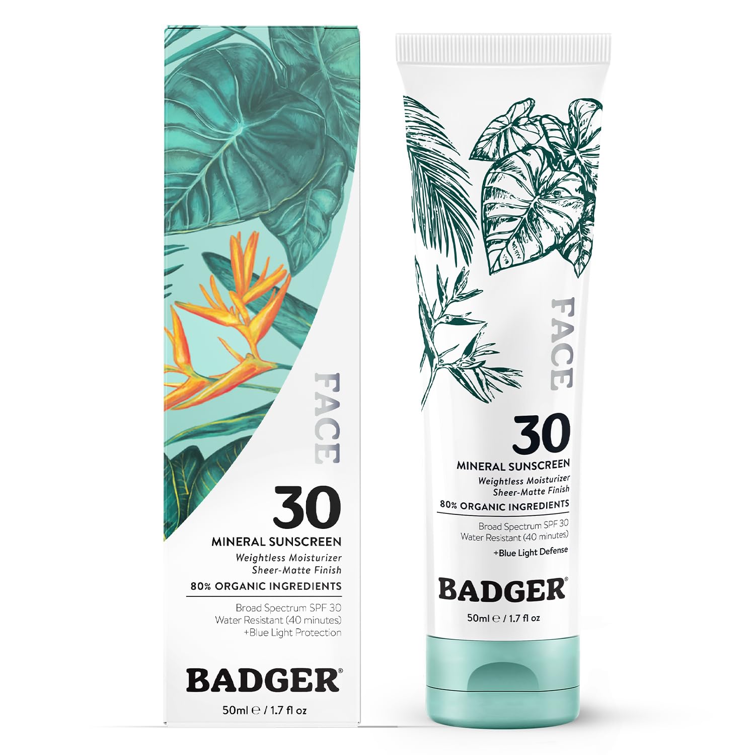 Badger Zinc Oxide Face Sunscreen SPF 30 – Lightweight, Matte, Unscented, Reef-Safe