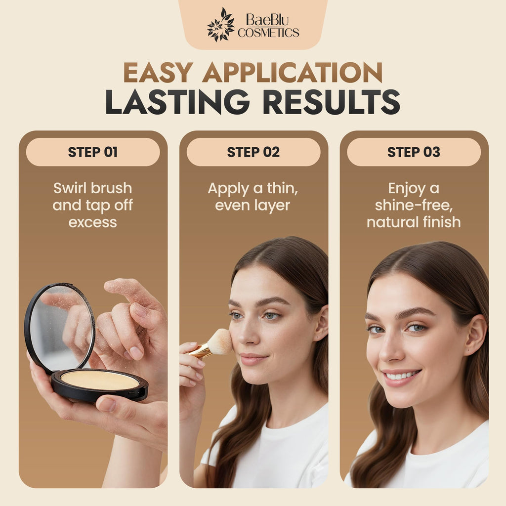 BaeBlu Organic Pressed Setting Powder – Talc-Free, Oil-Absorbing Matte Finish, 16-Hour Wear