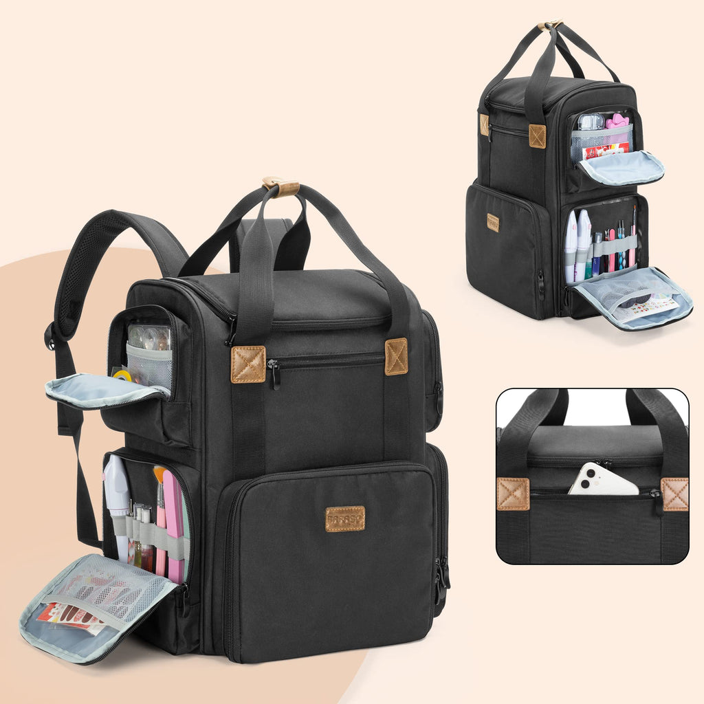 BAFASO Nail Polish Organizer Backpack – 70-Bottle Bottom Storage, Nail Lamp Slot, 2 Removable Pouches, Laptop Sleeve (Patented Design) – Black