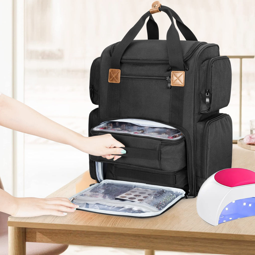 BAFASO Nail Polish Organizer Backpack – 70-Bottle Bottom Storage, Nail Lamp Slot, 2 Removable Pouches, Laptop Sleeve (Patented Design) – Black