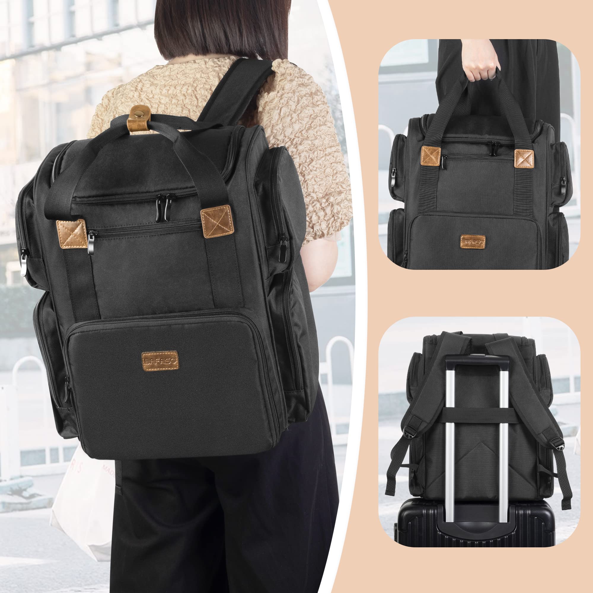 BAFASO Nail Polish Organizer Backpack – 70-Bottle Bottom Storage, Nail Lamp Slot, 2 Removable Pouches, Laptop Sleeve (Patented Design) – Black
