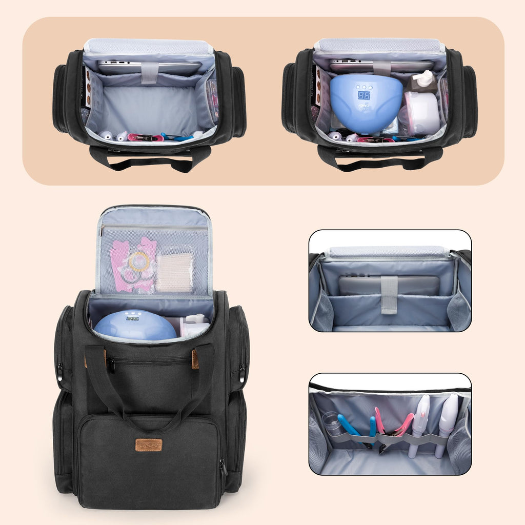 BAFASO Nail Polish Organizer Backpack – 70-Bottle Bottom Storage, Nail Lamp Slot, 2 Removable Pouches, Laptop Sleeve (Patented Design) – Black