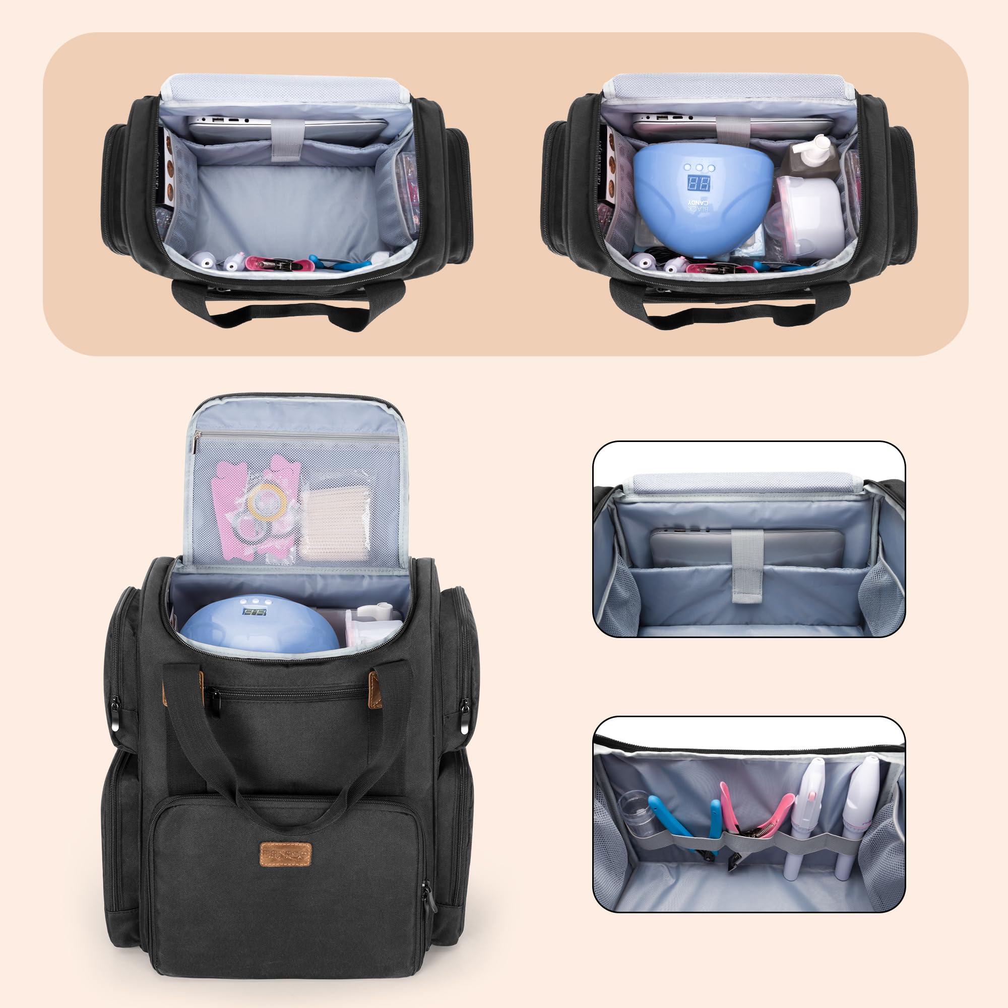 BAFASO Nail Polish Organizer Backpack – 70-Bottle Bottom Storage, Nail Lamp Slot, 2 Removable Pouches, Laptop Sleeve (Patented Design) – Black