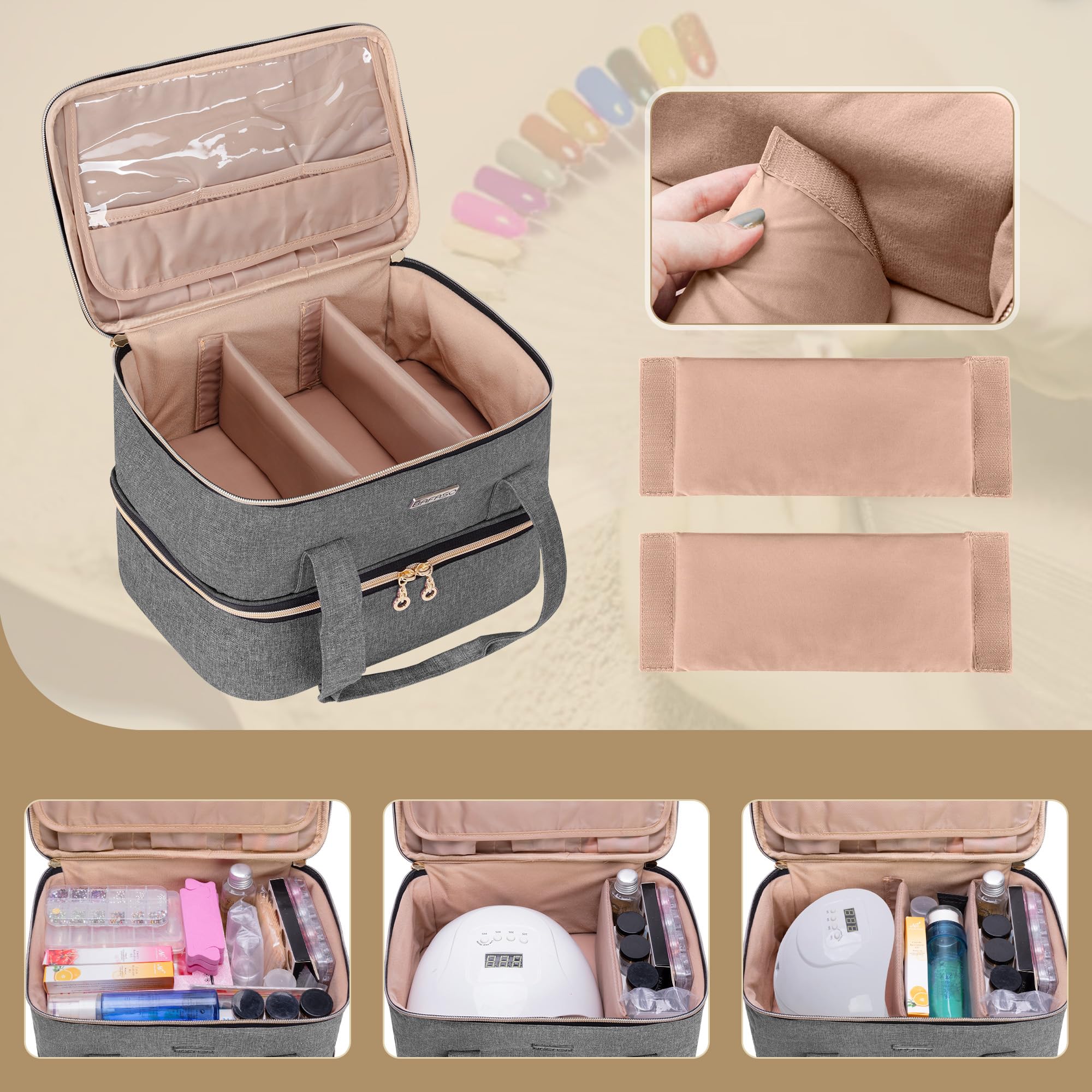 BAFASO Nail Polish Storage Case — Holds 40 Bottles (15ml) + Nail Lamp | Gray