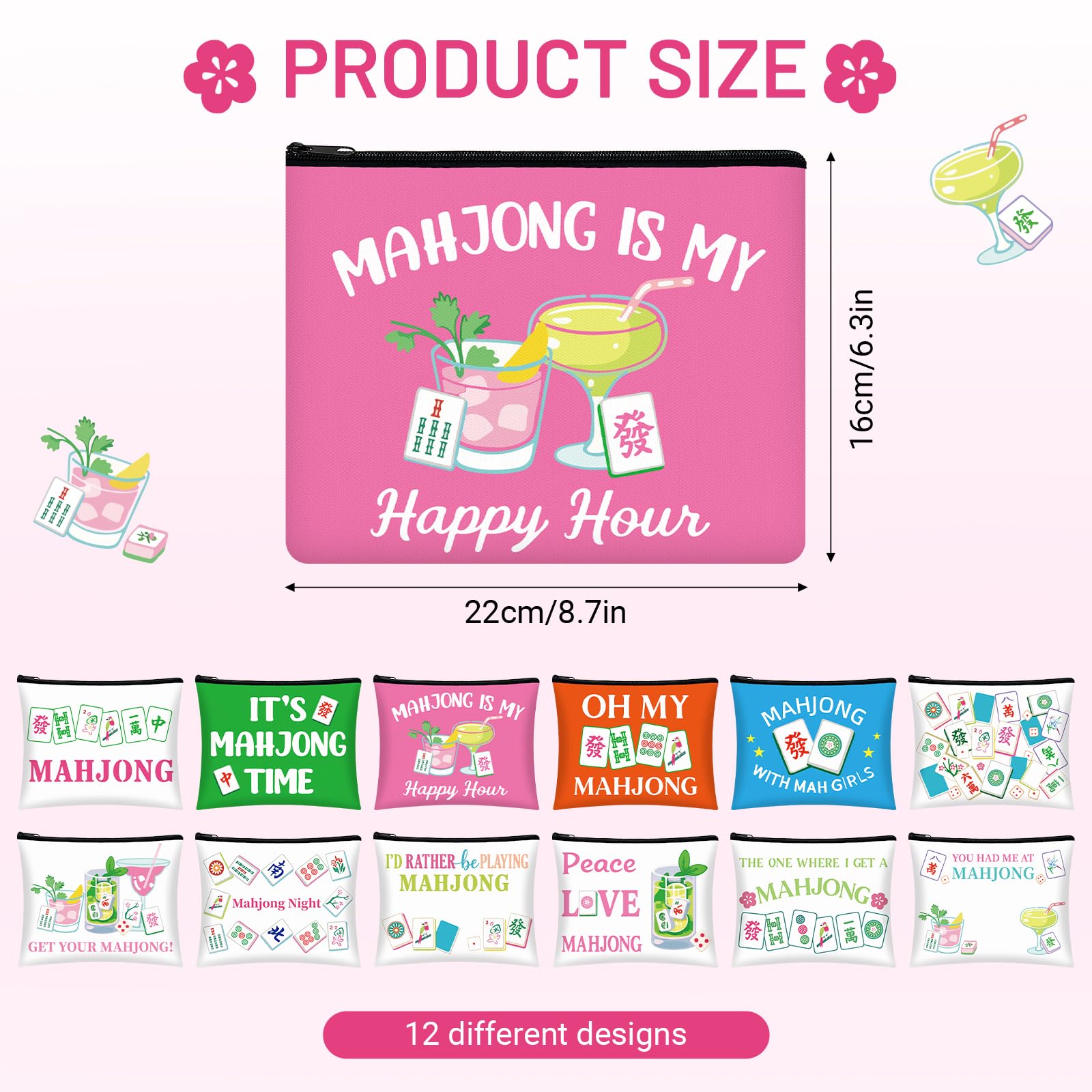 Bafeil 12-Piece Mahjong Cosmetic Bag Set | Zippered Makeup Pouches for Women
