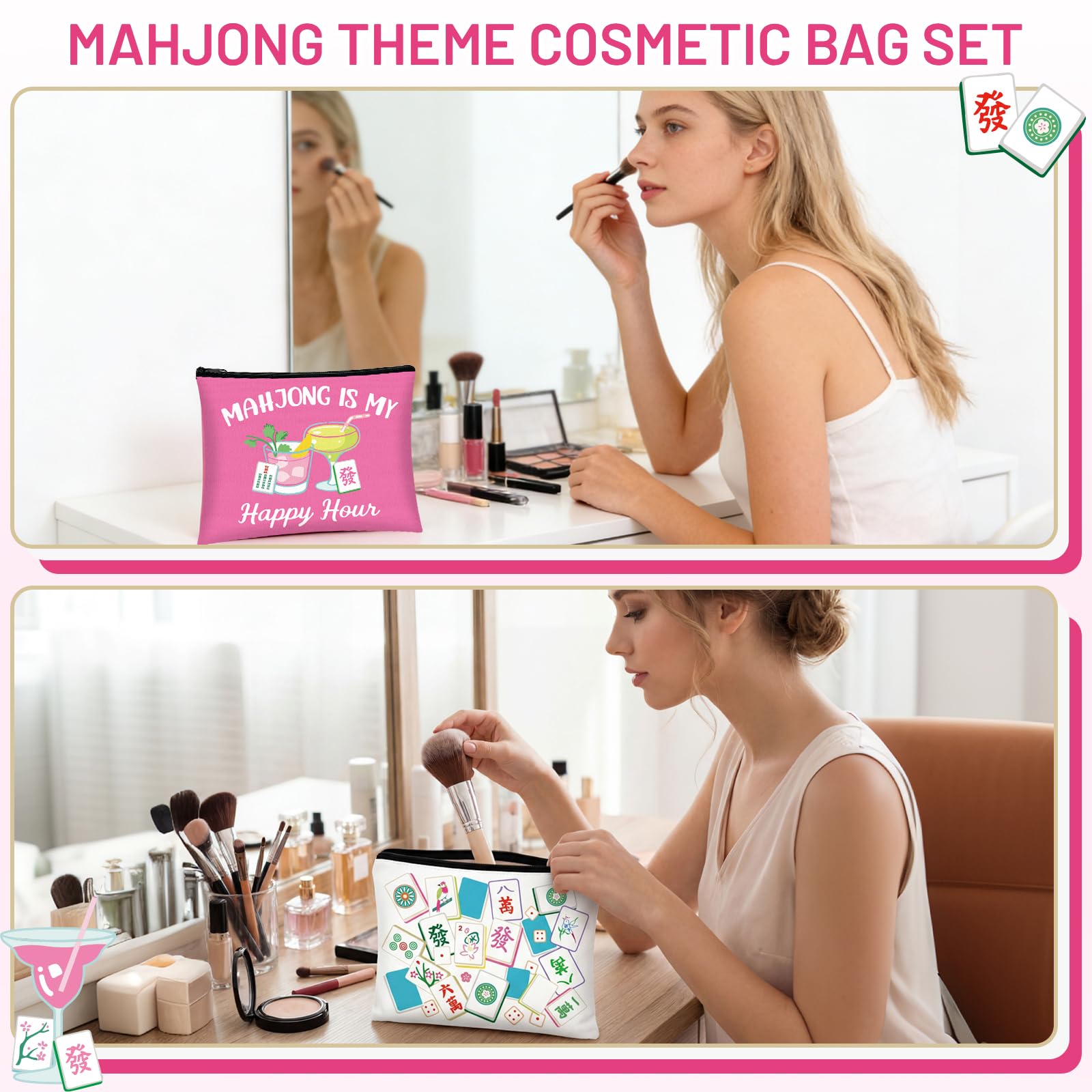 Bafeil 12-Piece Mahjong Cosmetic Bag Set | Zippered Makeup Pouches for Women
