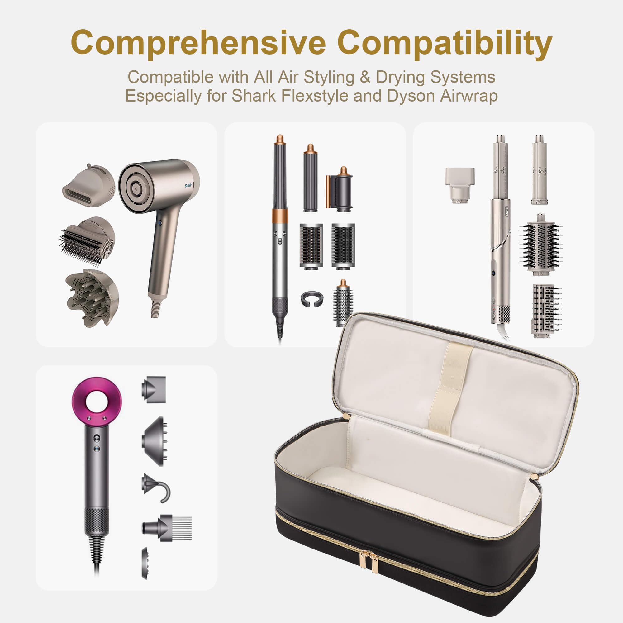 BAGCRAZY Travel Carrying Case for Dyson, Shark FlexStyle & Revlon Hair Dryers – Double-Layer Organizer