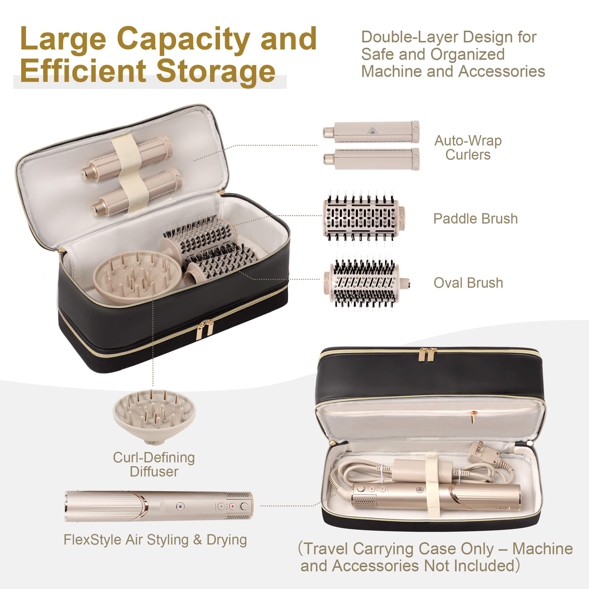 BAGCRAZY Travel Carrying Case for Dyson, Shark FlexStyle & Revlon Hair Dryers – Double-Layer Organizer
