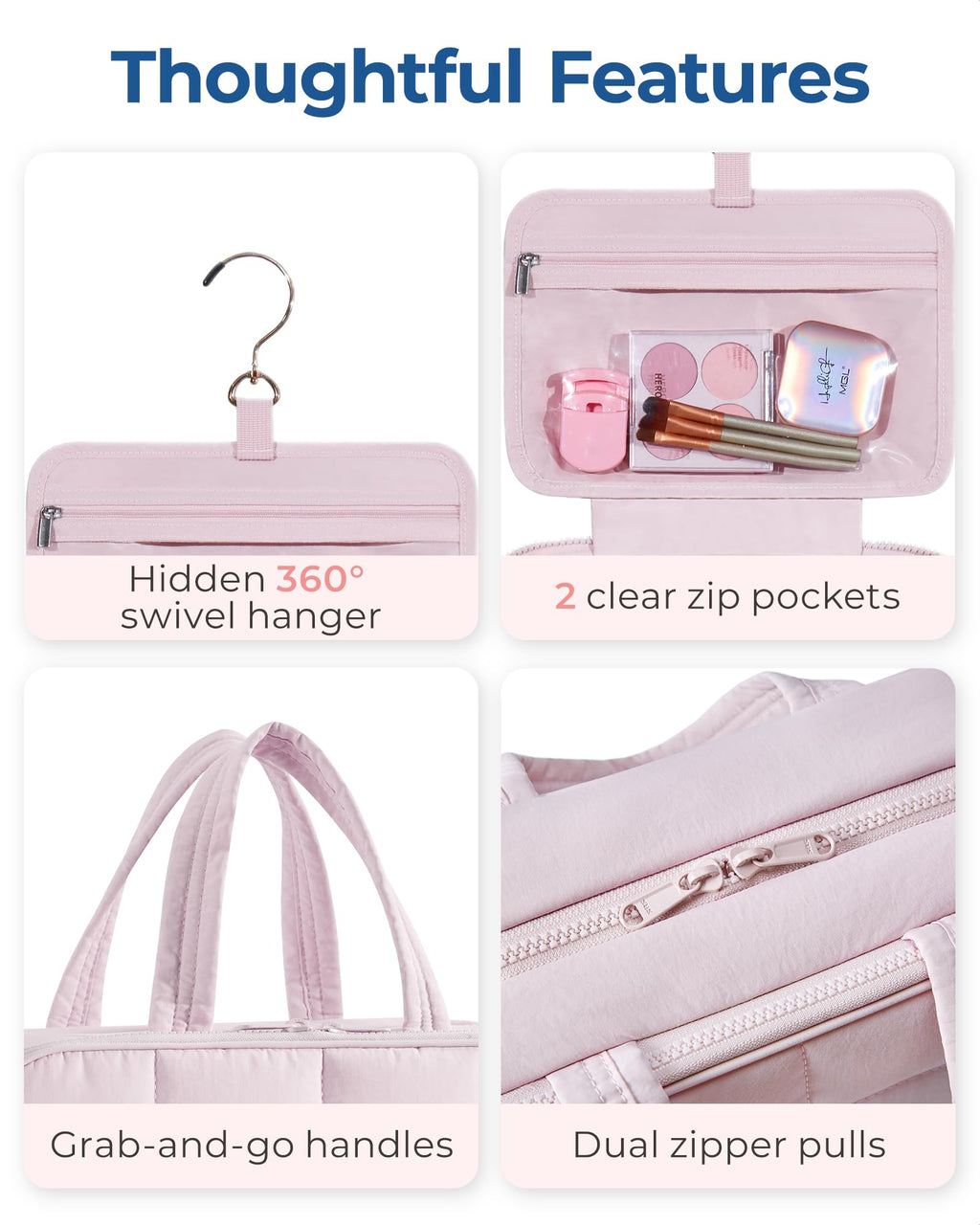 BAGSMART Travel Toiletry Bag with Jewelry Organizer – Puffy Hanging Cosmetic Bag, Carry-On Essentials, Pink-L