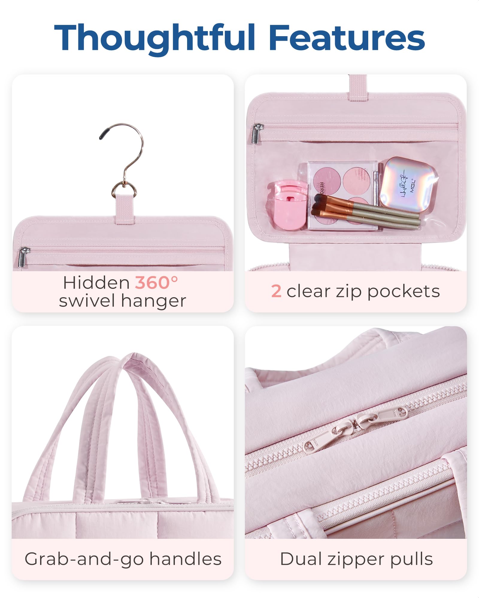 BAGSMART Travel Toiletry Bag with Jewelry Organizer – Puffy Hanging Cosmetic Bag, Carry-On Essentials, Pink-L