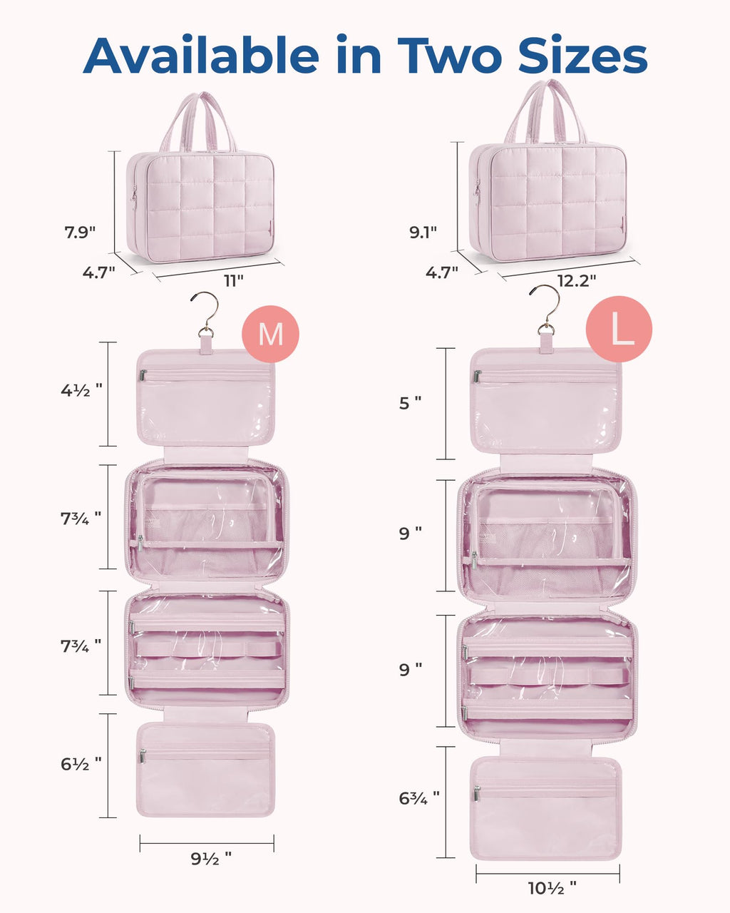 BAGSMART Travel Toiletry Bag with Jewelry Organizer – Puffy Hanging Cosmetic Bag, Carry-On Essentials, Pink-L