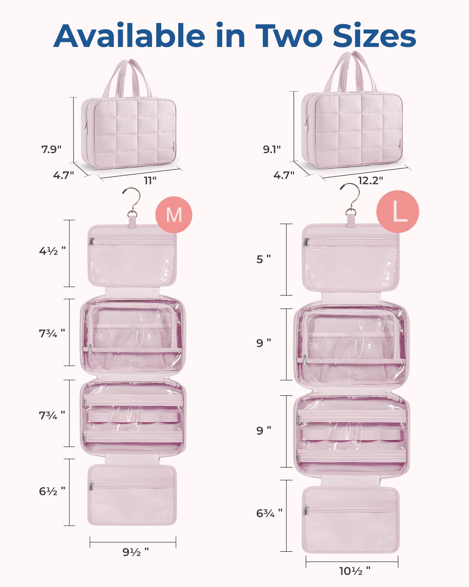 BAGSMART Travel Toiletry Bag with Jewelry Organizer – Puffy Hanging Cosmetic Bag, Carry-On Essentials, Pink-L