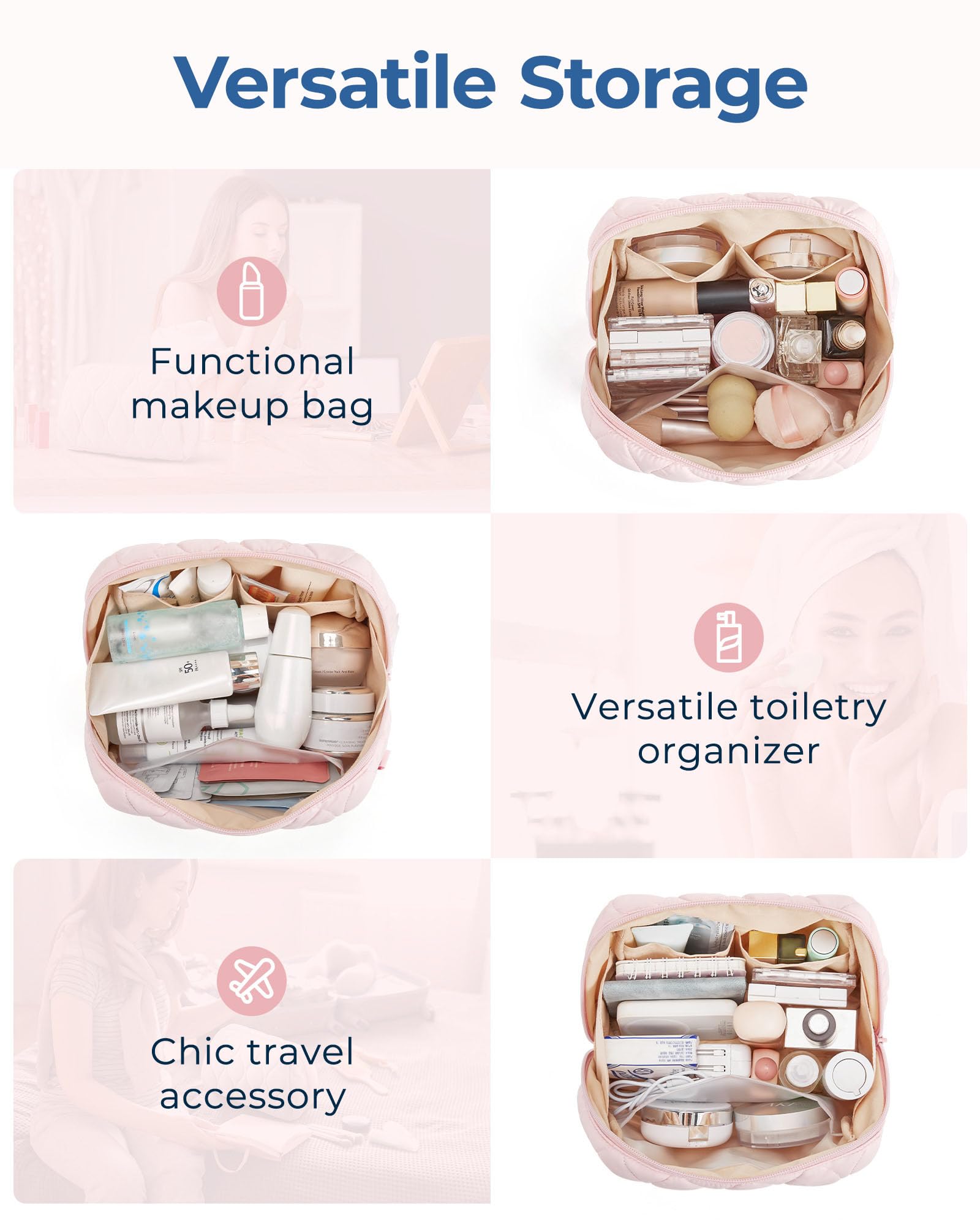 BAGSMART Makeup Bag — Puffy Padded Travel Cosmetic Organizer with Wide-Open Pink Pouch