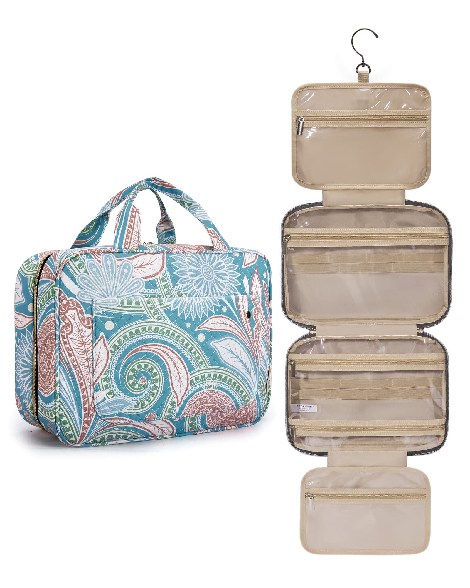 BAGSMART Toiletry Bag – Travel Case with Hanging Hook, Water-Resistant Cosmetic Organizer (Green Paisley, Large)
