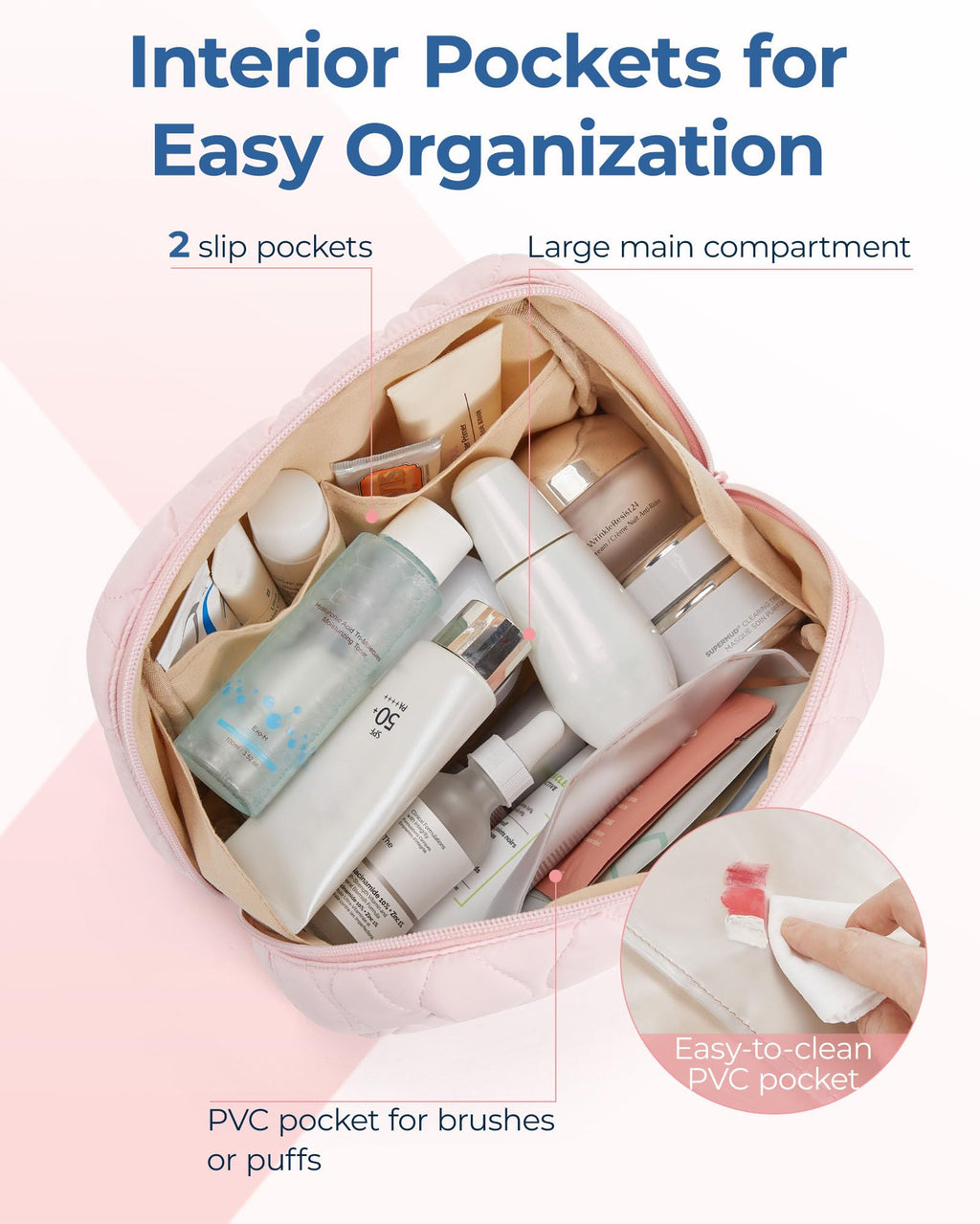 BAGSMART Makeup Bag — Puffy Padded Travel Cosmetic Organizer with Wide-Open Pink Pouch