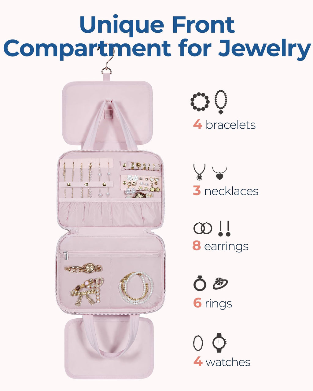 BAGSMART Travel Toiletry Bag with Jewelry Organizer – Puffy Hanging Cosmetic Bag, Carry-On Essentials, Pink-L