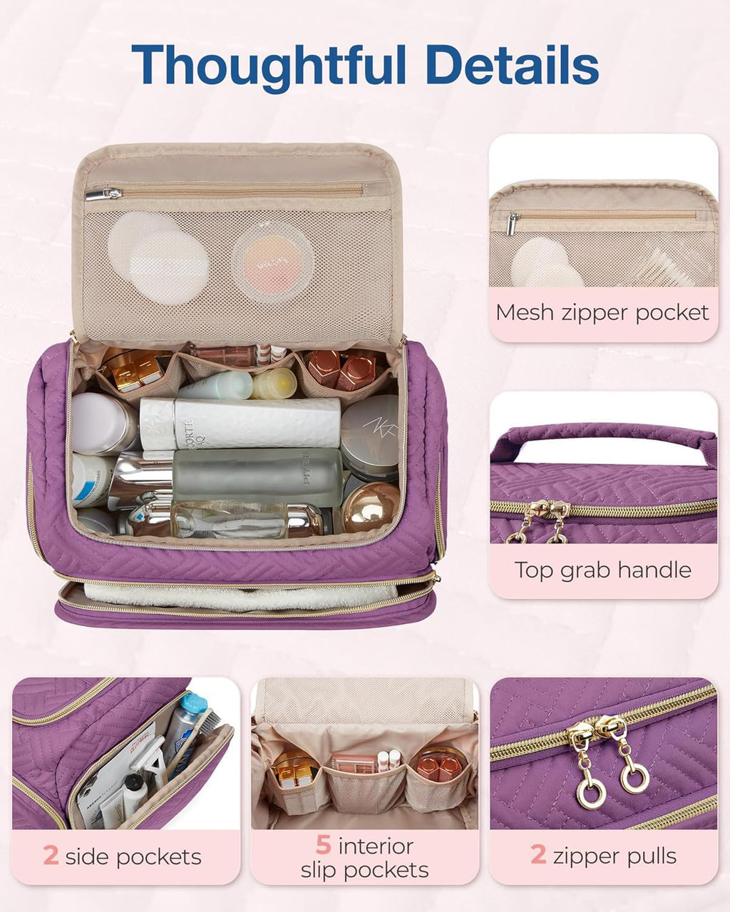 BAGSMART Travel Toiletry Bag – Large Purple, Wide-Open Organizer with Handle