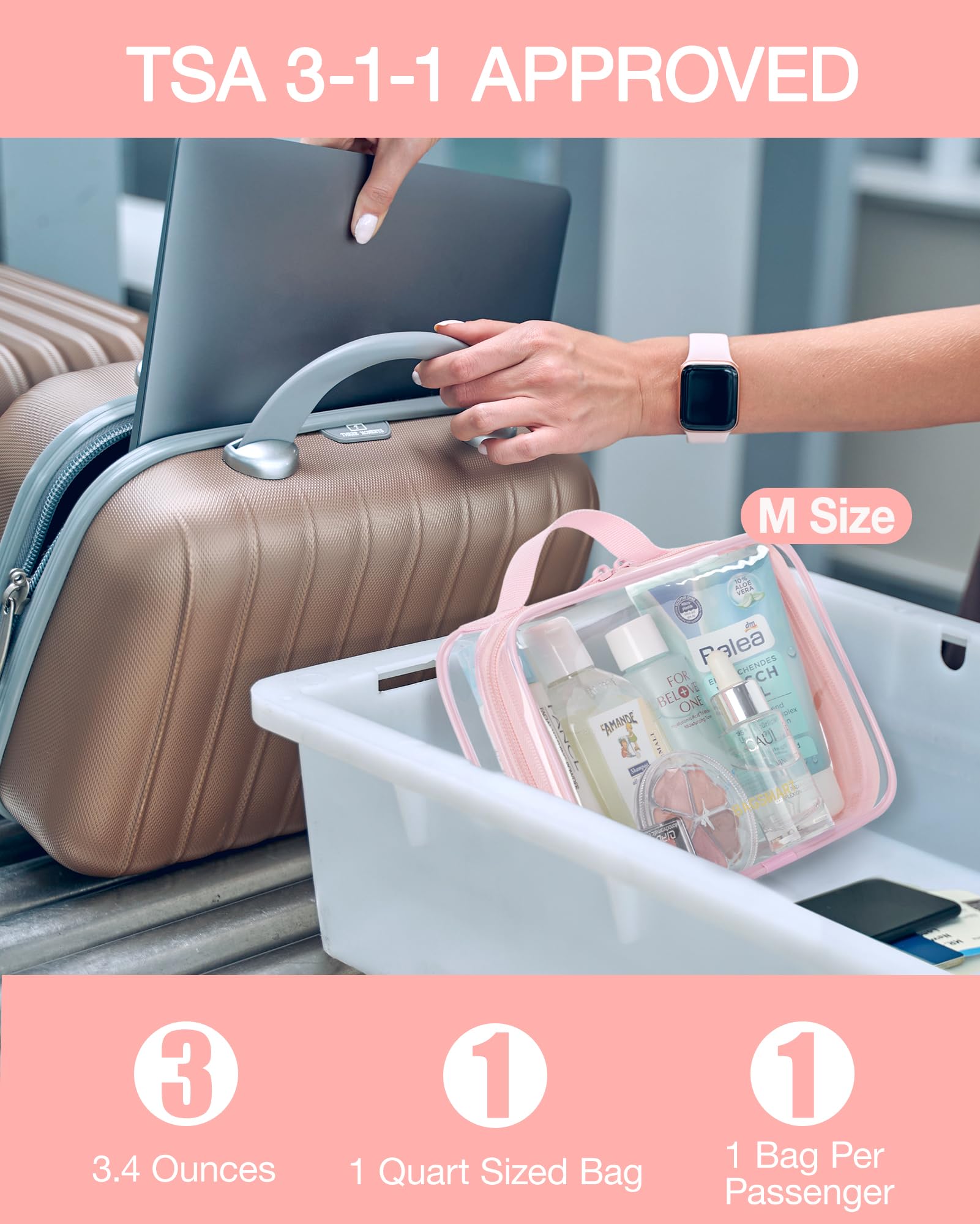 BAGSMART Clear Toiletry Bag - TSA Approved, Quart-Size, 3-Pack, Water-Resistant Travel Bags