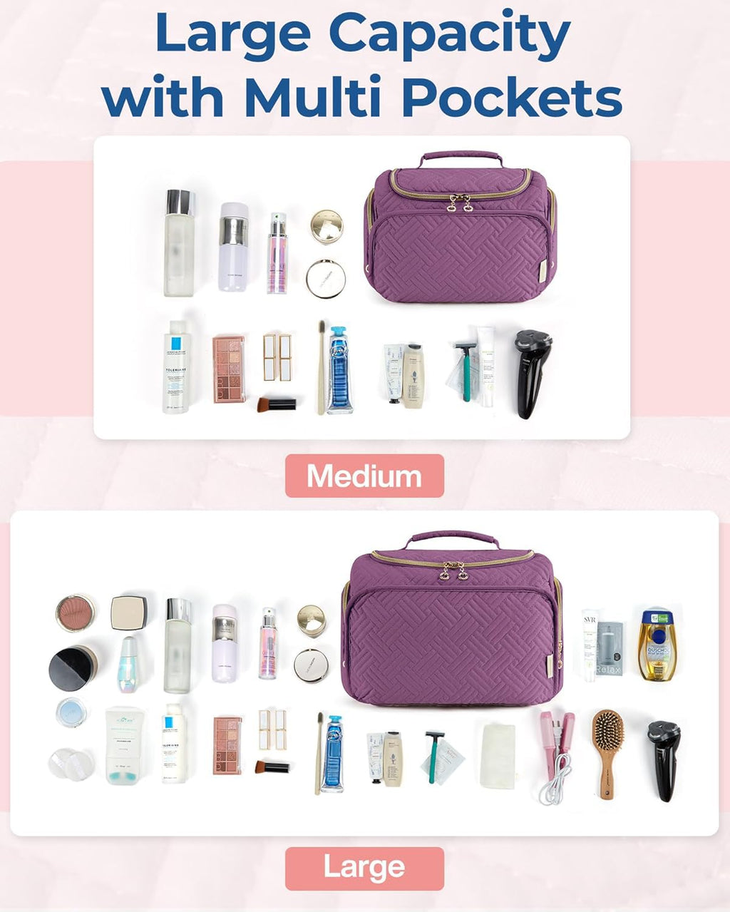 BAGSMART Travel Toiletry Bag – Large Purple, Wide-Open Organizer with Handle