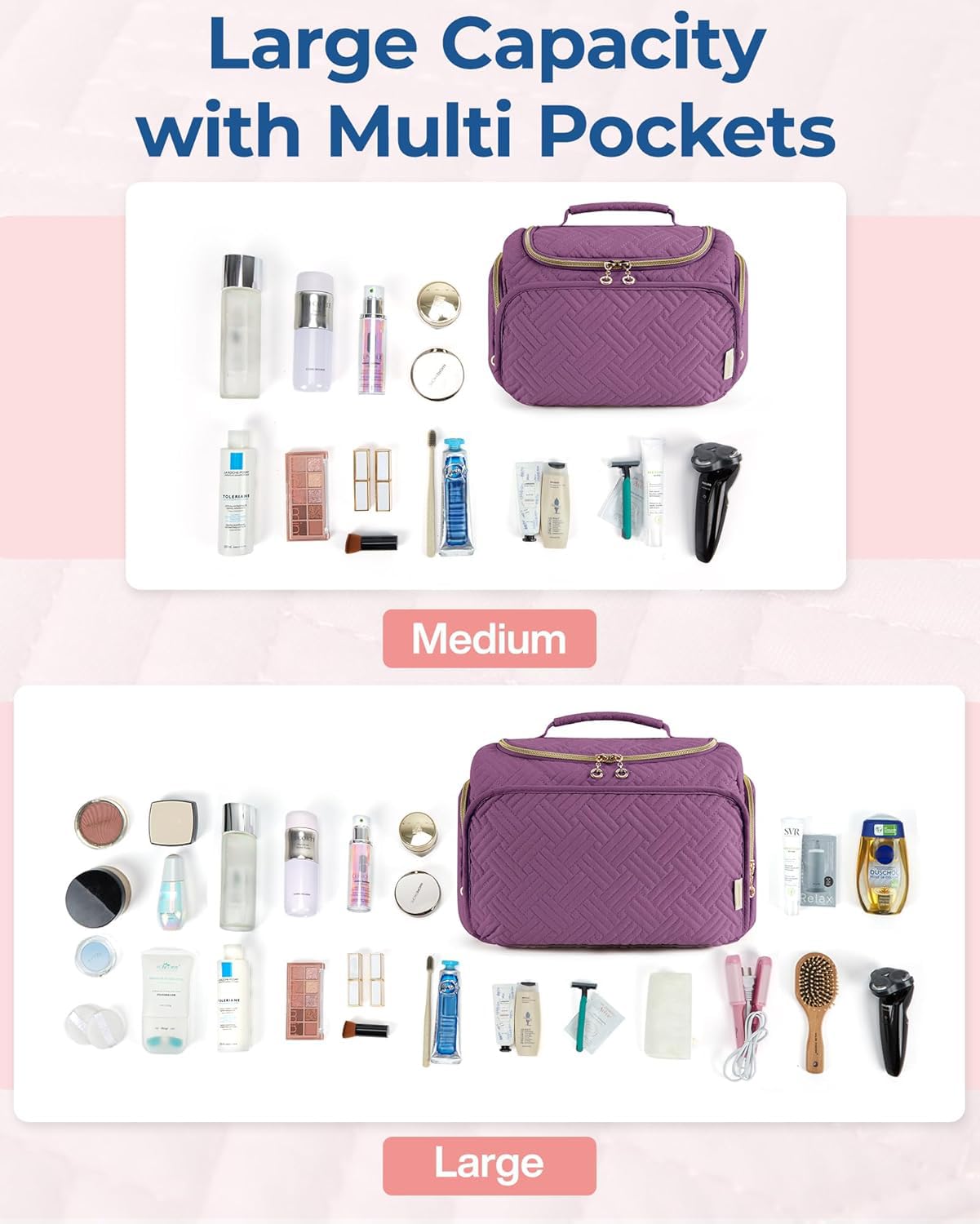 BAGSMART Travel Toiletry Bag – Large Purple, Wide-Open Organizer with Handle