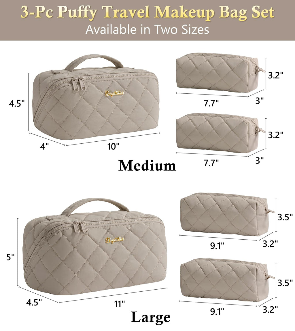 Bagstellar Travel Makeup Bag 3-Piece Set | Large Capacity Puffy Toiletry Organizer M-Oatmeal