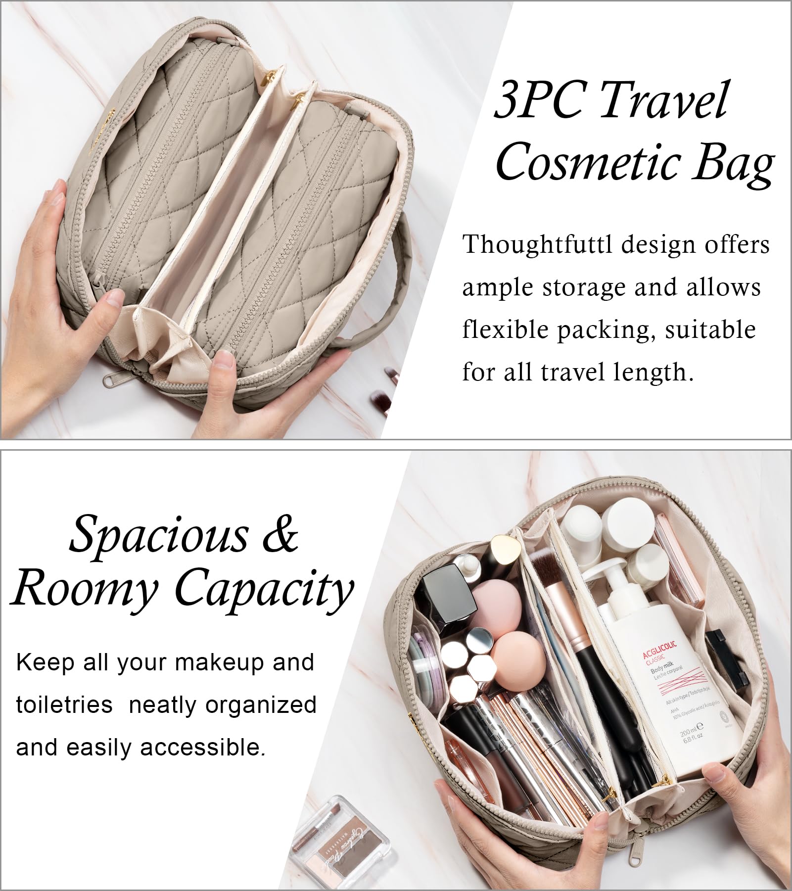 Bagstellar Travel Makeup Bag 3-Piece Set | Large Capacity Puffy Toiletry Organizer M-Oatmeal
