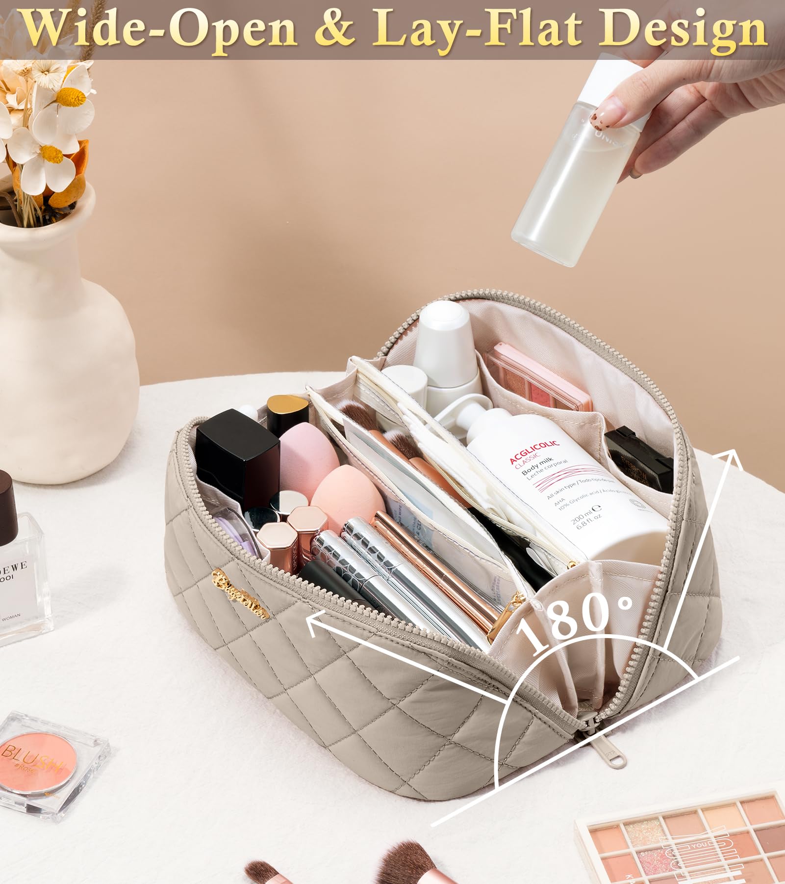 Bagstellar Travel Makeup Bag 3-Piece Set | Large Capacity Puffy Toiletry Organizer M-Oatmeal
