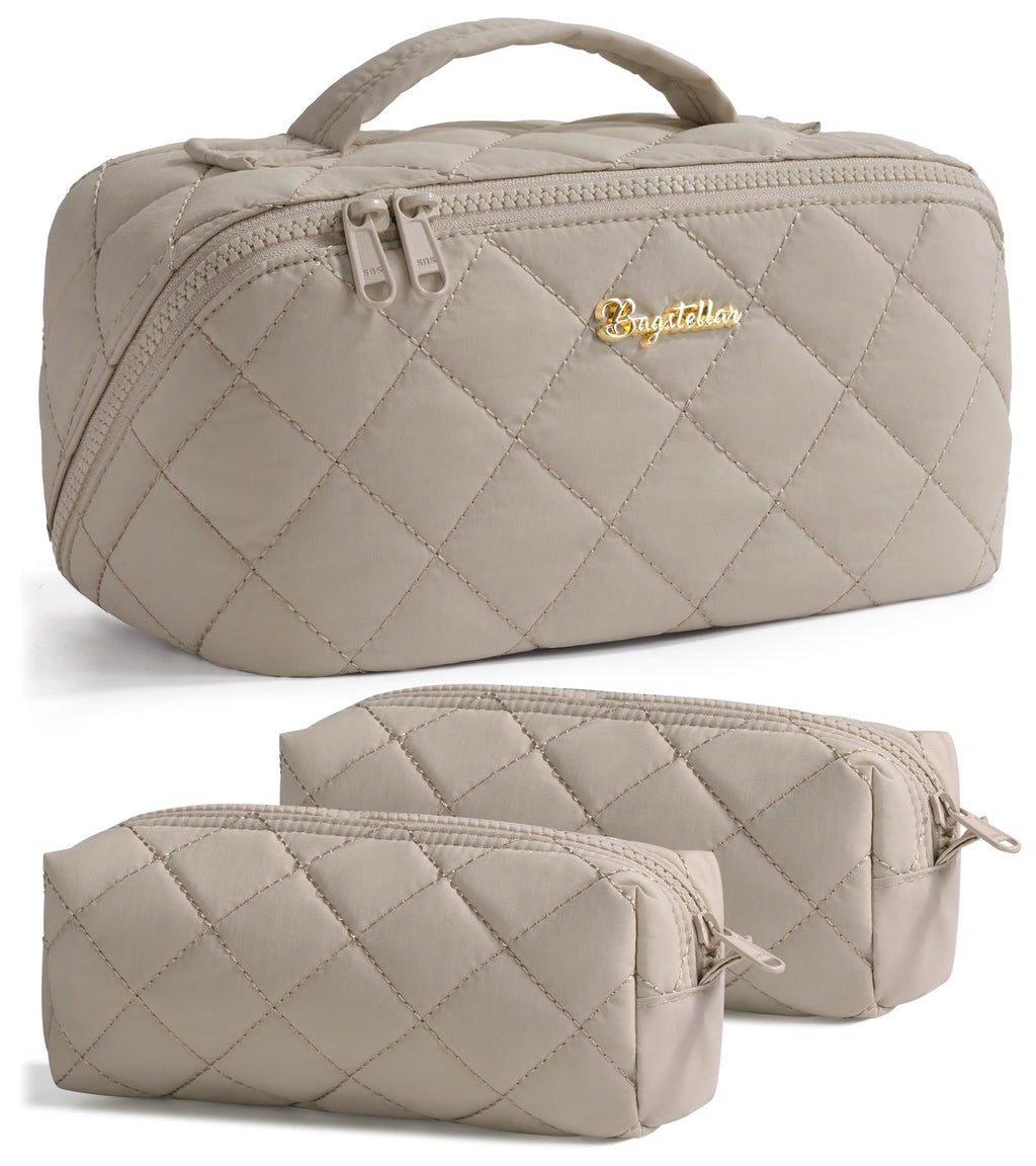 Bagstellar Travel Makeup Bag 3-Piece Set | Large Capacity Puffy Toiletry Organizer M-Oatmeal