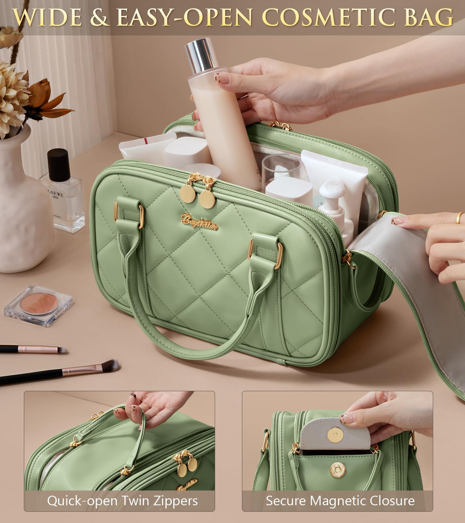 Bagstellar Travel Makeup Bag - Large Quilted Toiletry Case, Sage Green