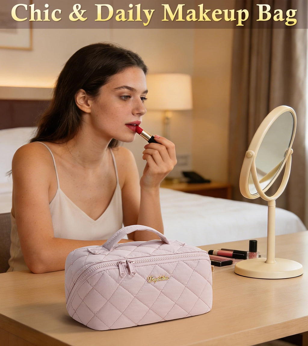 Bagstellar Travel Makeup Bag 3-Piece Set | Large Capacity Puffy Toiletry Organizer M-Oatmeal