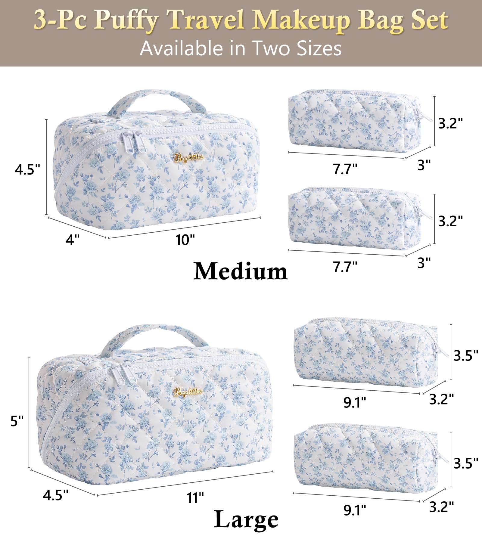Bagstellar Travel Makeup Bag Set — 3 Pcs Large Capacity, Open Flat, Water-Resistant, Blue Floral