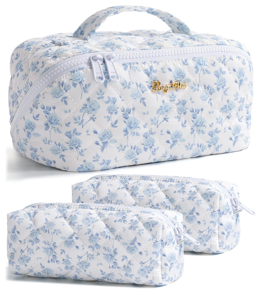 Bagstellar Travel Makeup Bag Set — 3 Pcs Large Capacity, Open Flat, Water-Resistant, Blue Floral