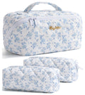 Bagstellar Travel Makeup Bag Set — 3 Pcs Large Capacity, Open Flat, Water-Resistant, Blue Floral