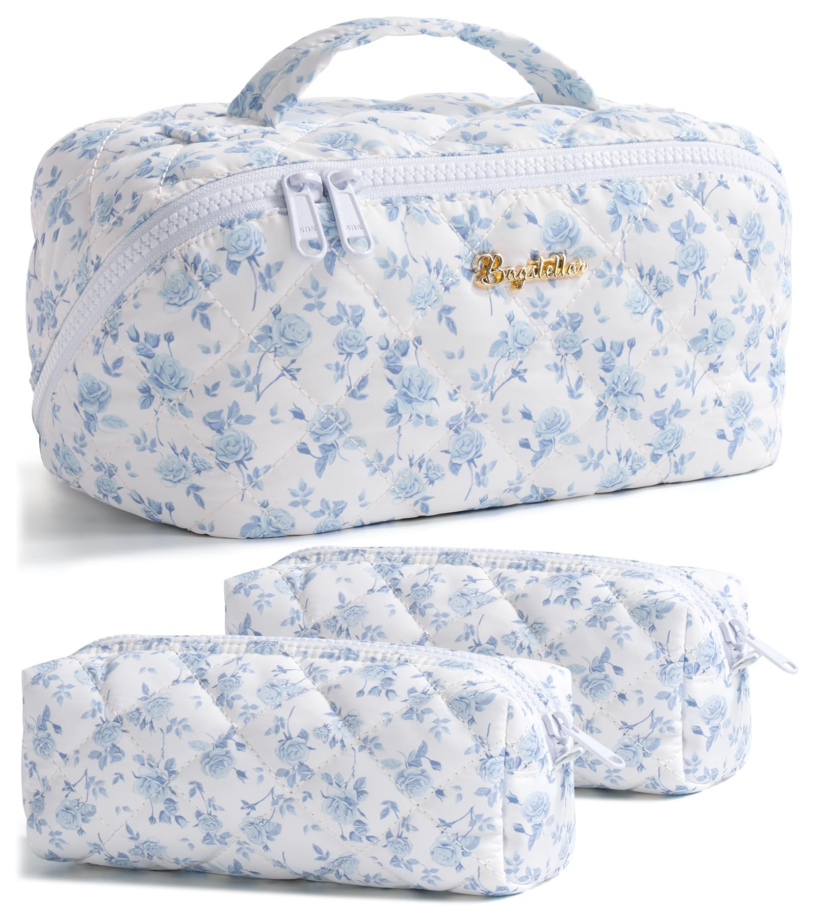 Bagstellar Travel Makeup Bag Set — 3 Pcs Large Capacity, Open Flat, Water-Resistant, Blue Floral