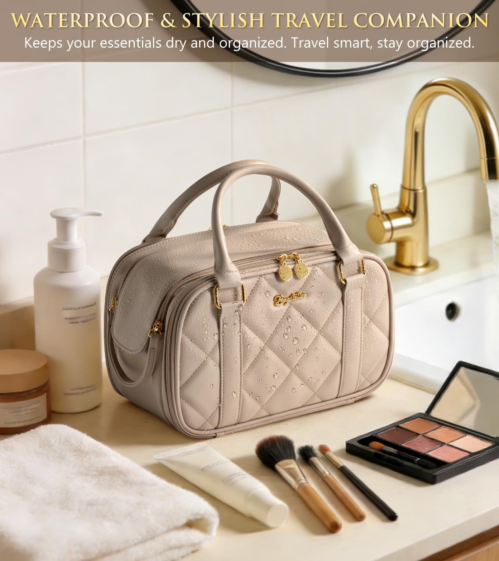 Bagstellar Travel Makeup Bag - Large Quilted Toiletry Case, Sage Green