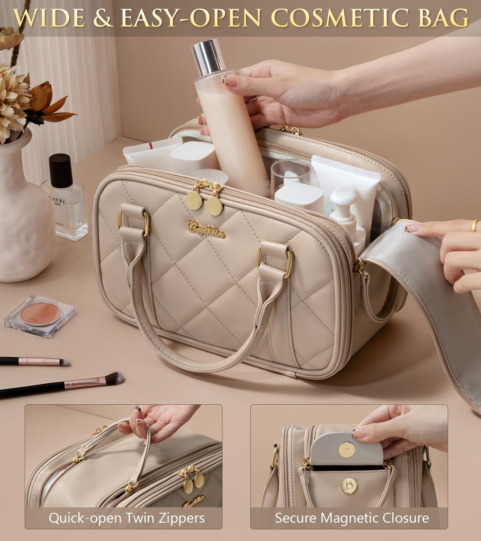 Bagstellar Travel Makeup Bag – Large Quilted Organizer in Camel