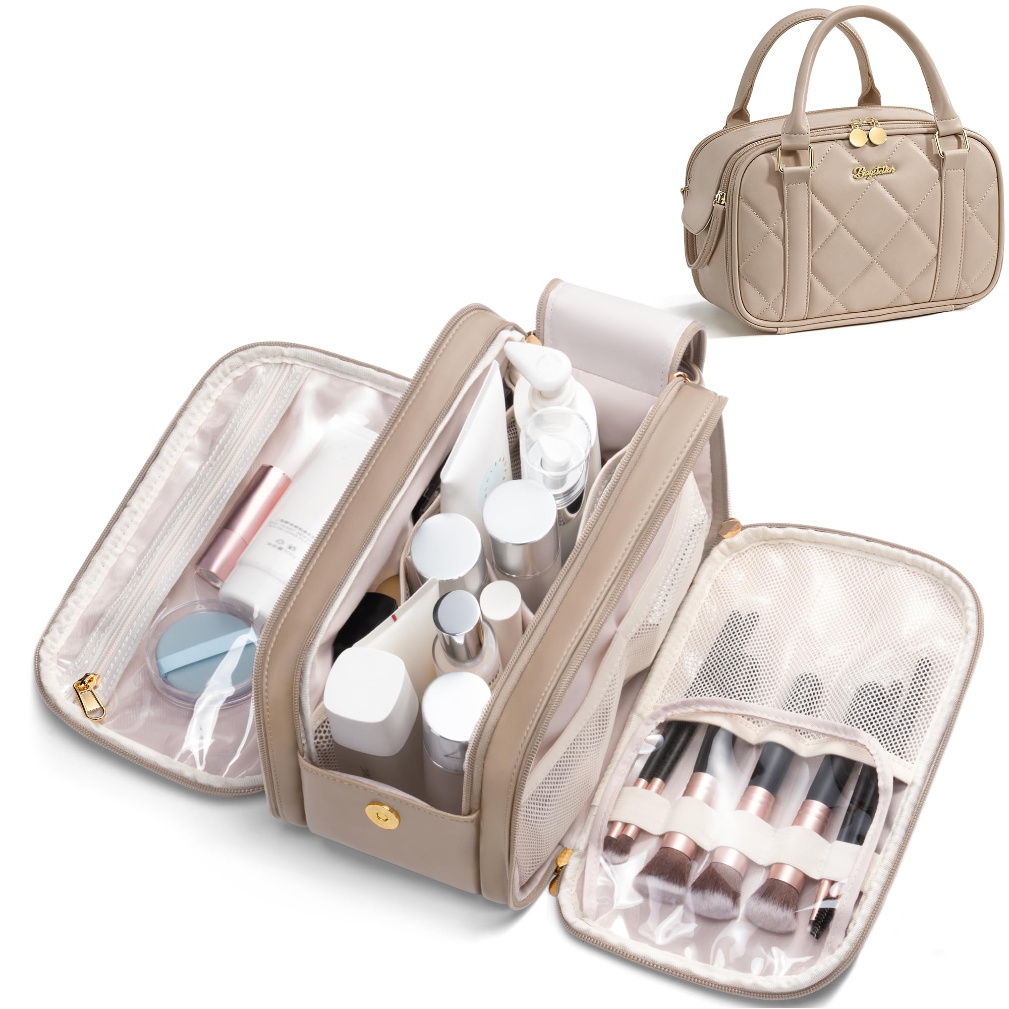 Bagstellar Travel Makeup Bag – Large Quilted Organizer in Camel
