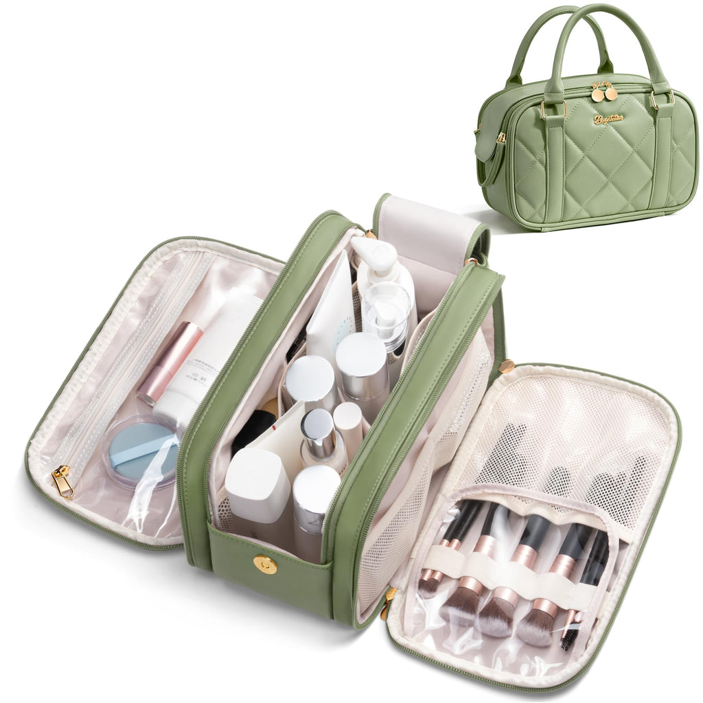 Bagstellar Travel Makeup Bag - Large Quilted Toiletry Case, Sage Green