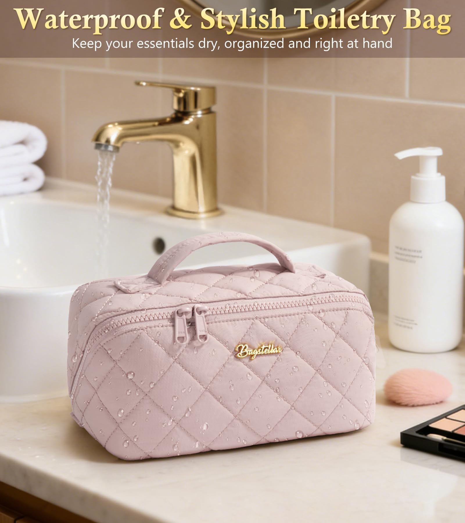 Bagstellar Travel Makeup Bag Set — 3 Pcs Large Capacity, Open Flat, Water-Resistant, Blue Floral