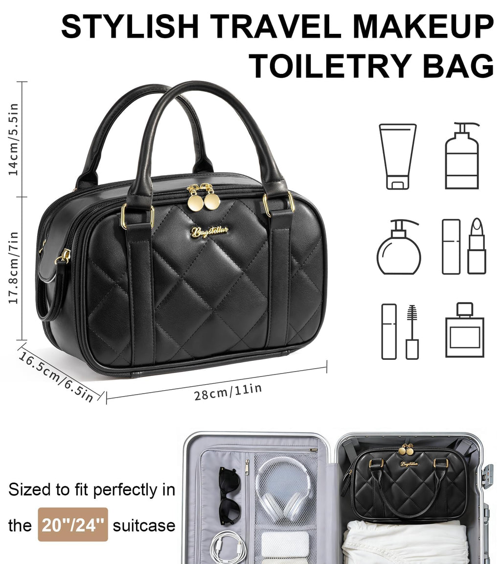 Bagstellar Travel Makeup Bag – Large Capacity Quilted Toiletry Bag for Women, Water-Resistant & Stand-Up Organizer