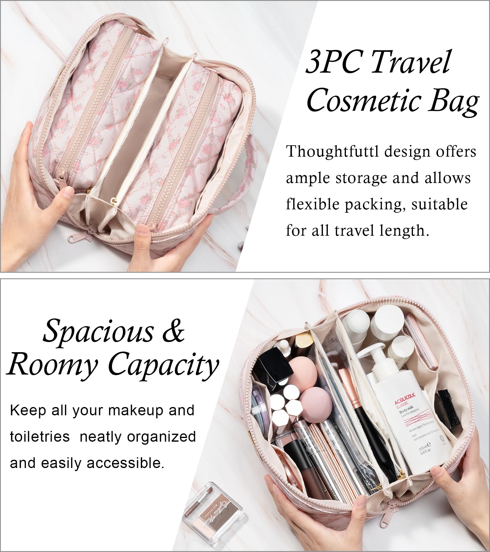 Bagstellar Travel Makeup Bag Set — 3 Pcs Large Capacity, Open Flat, Water-Resistant, Blue Floral