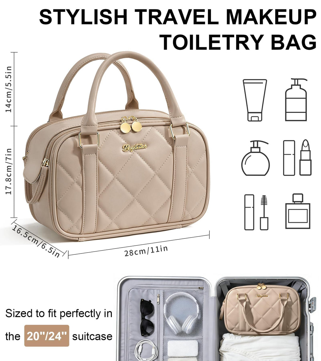 Bagstellar Travel Makeup Bag – Large Quilted Organizer in Camel